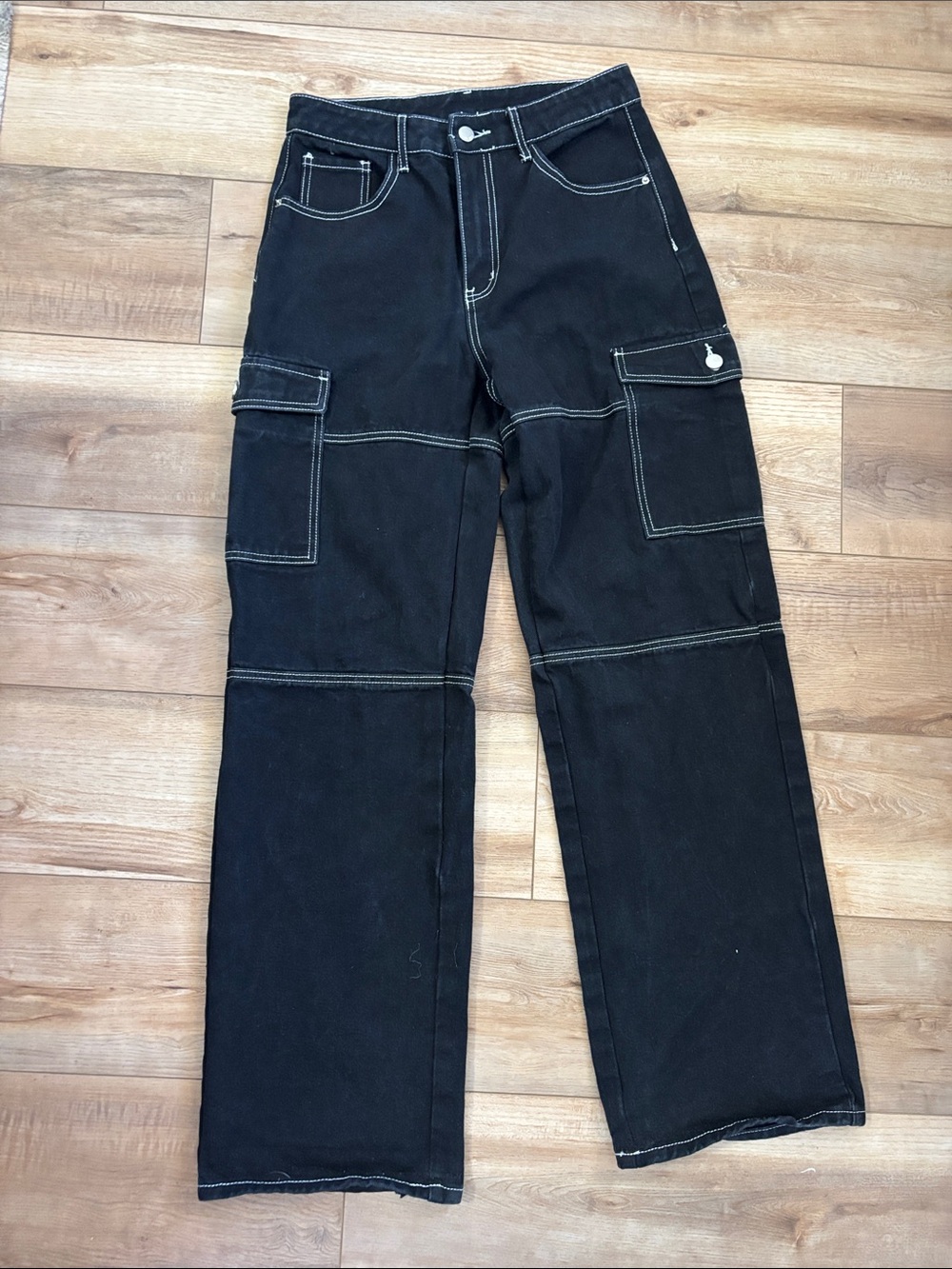Black Cargo Stitch-Detail Wide Leg Pants